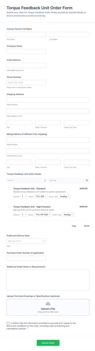 Torque Feedback Unit Order Form Template