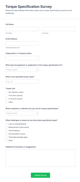 Torque Specification Survey Form Template
