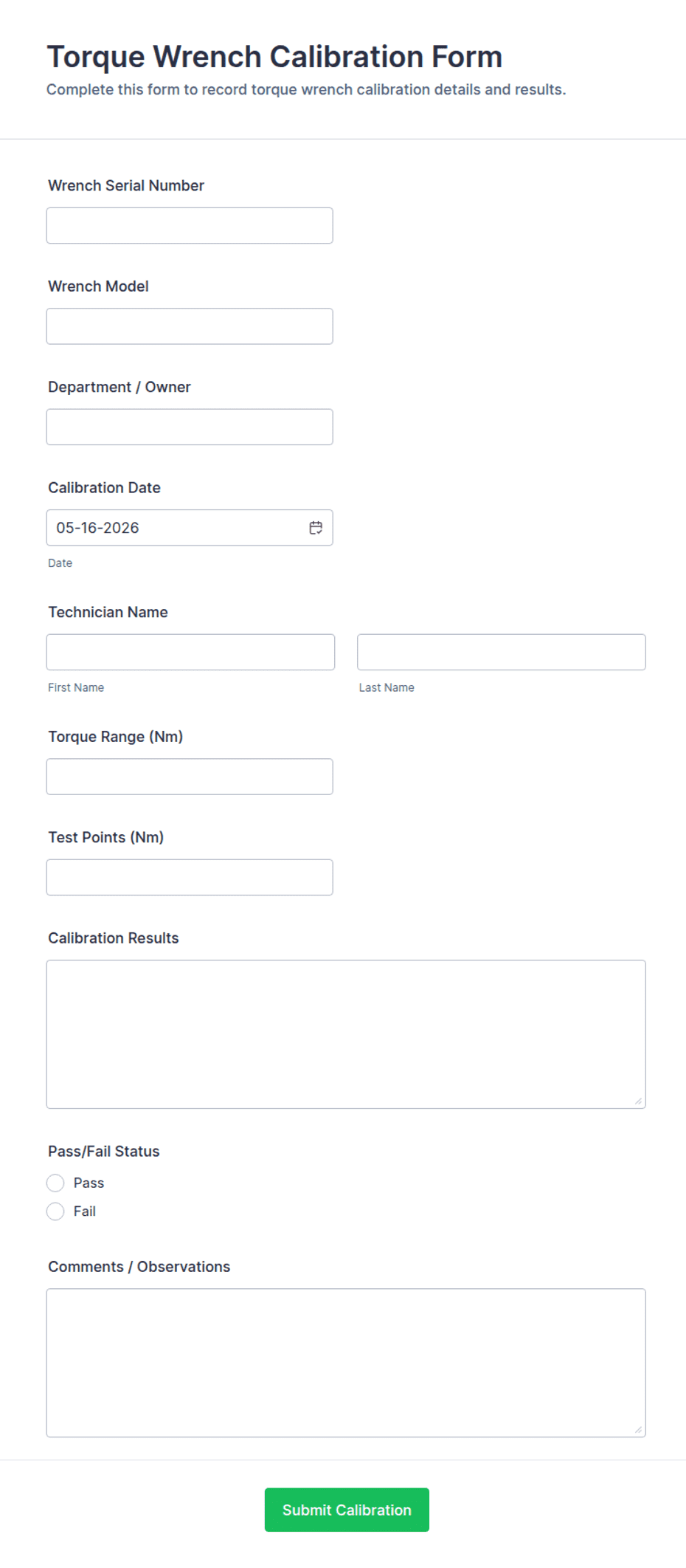 Torque Wrench Calibration Form Template | Jotform