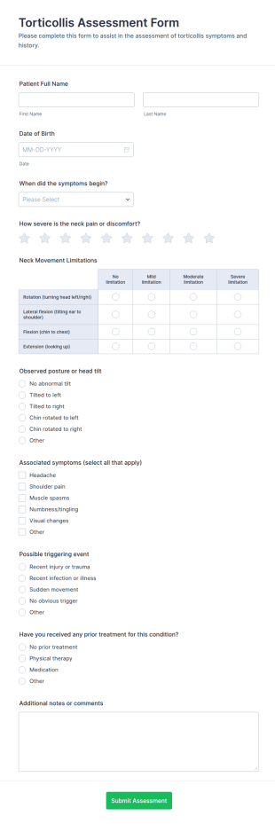 Torticollis Assessment Form Template