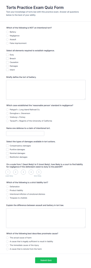 Torts Practice Exam Quiz Form Template