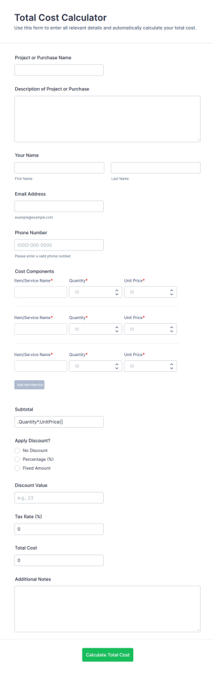 Total Cost Calculator Form Template