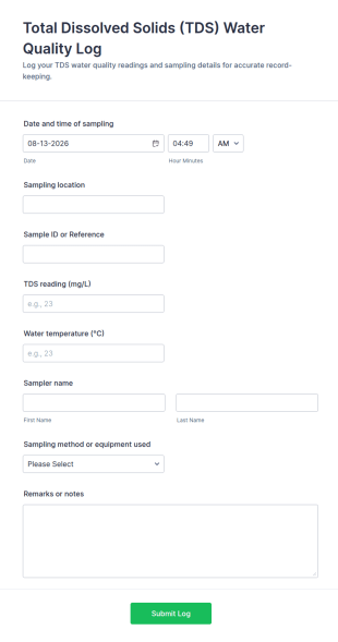 Total Dissolved Solids (TDS) Water Quality Log Form Template