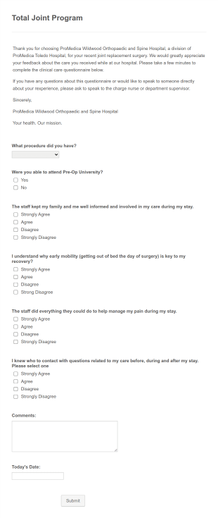 Orthopaedic Hospital Patient Experience Survey Form Template