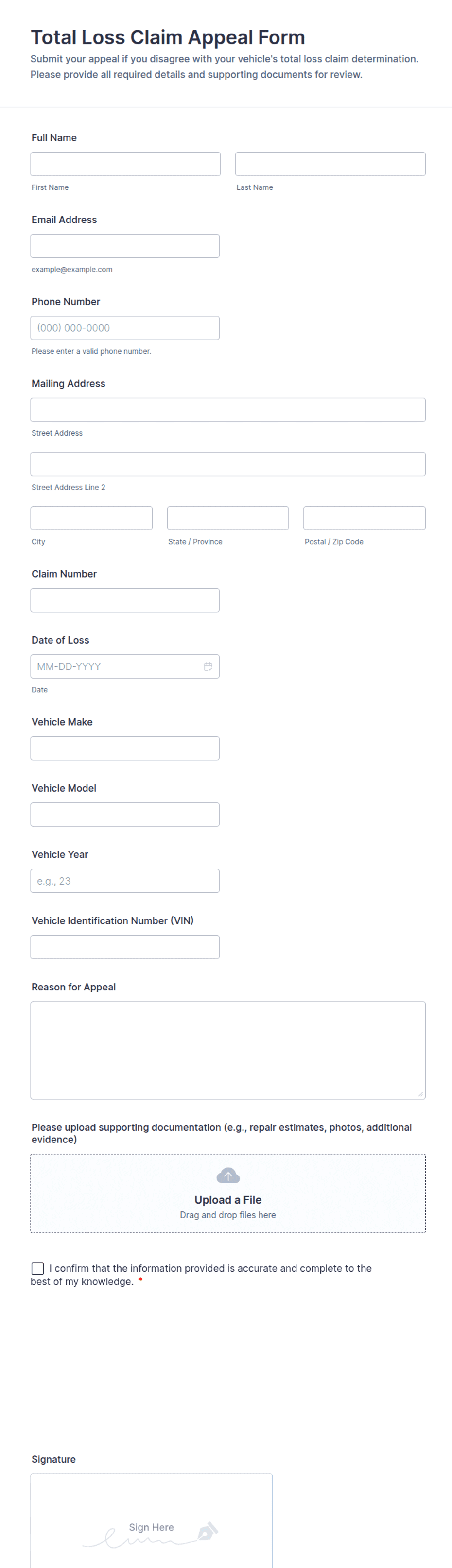 Total Loss Claim Appeal Form Template | Jotform