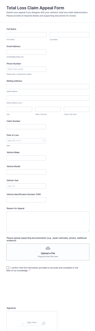 Total Loss Claim Appeal Form Template