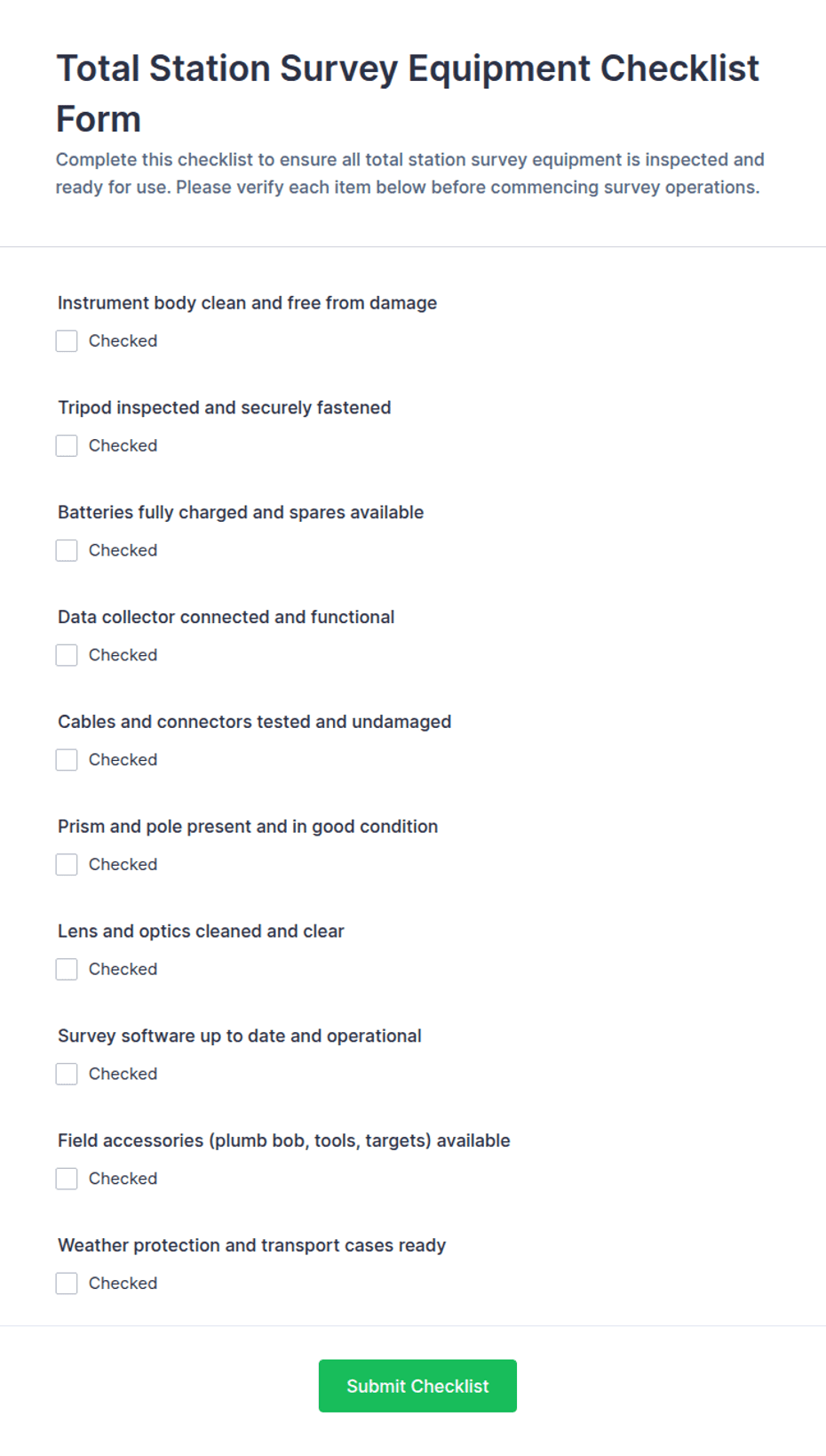 Total Station Survey Equipment Checklist Form Template | Jotform