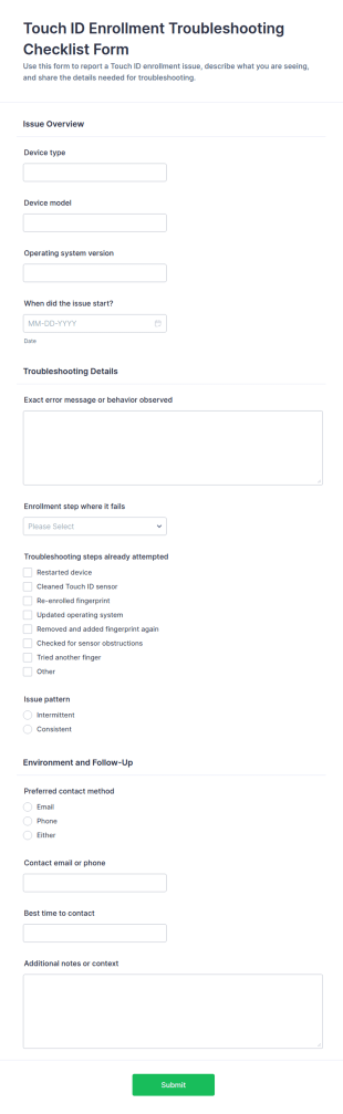 Touch ID Enrollment Troubleshooting Checklist Form Template