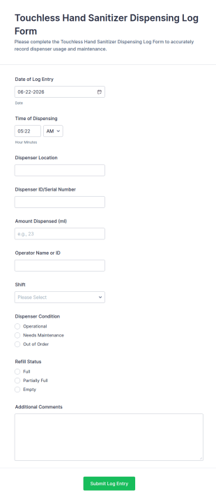 Touchless Hand Sanitizer Dispensing Log Form Template