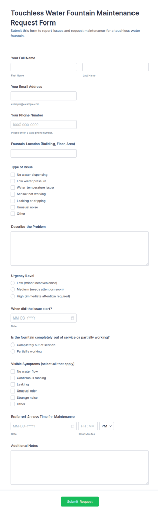 Touchless Water Fountain Maintenance Request Form Template