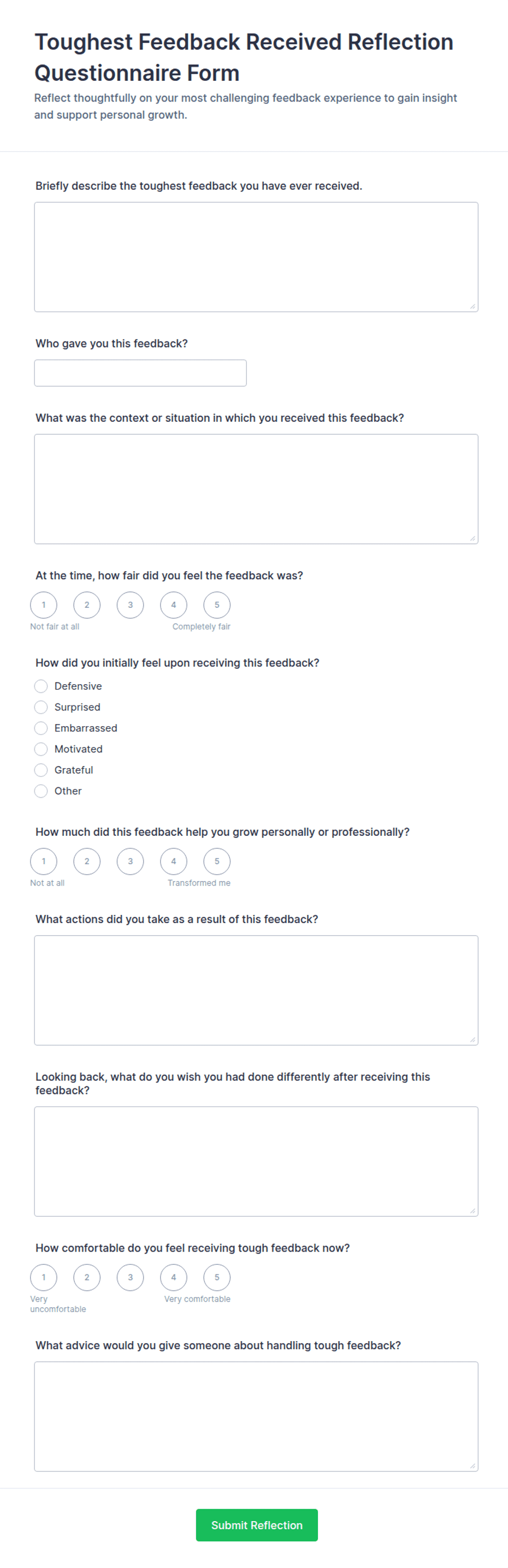 Toughest Feedback Received Reflection Questionnaire Form Template | Jotform