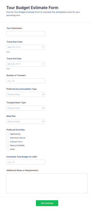 Tour Budget Estimate Form Template
