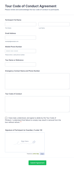 Tour Code Of Conduct Agreement Form Template