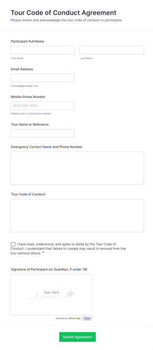 Tour Code Of Conduct Agreement Form Template