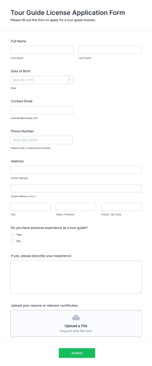 Tour Guide License Application Form Form Template