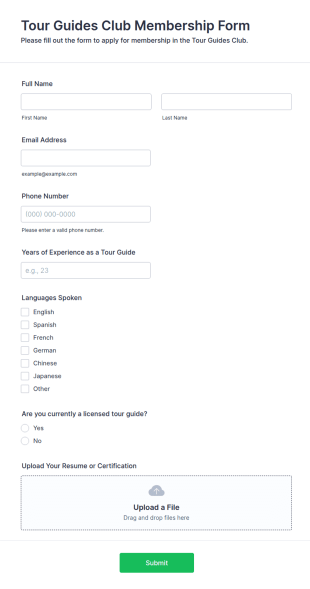 Tour Guides Club Membership Form Template