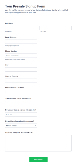 Tour Presale Signup Form Template