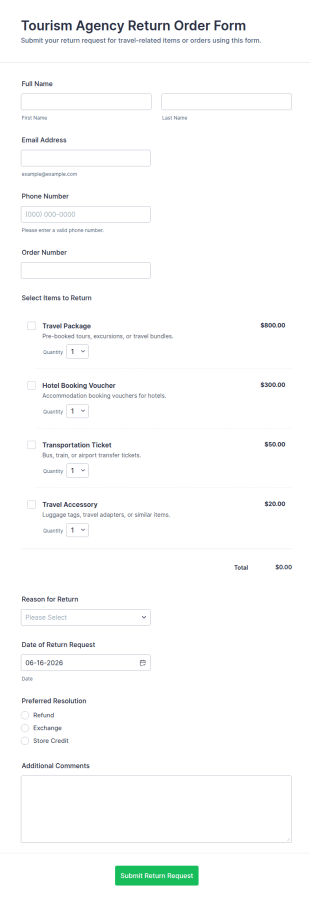 Tourism Agency Return Order Form Template