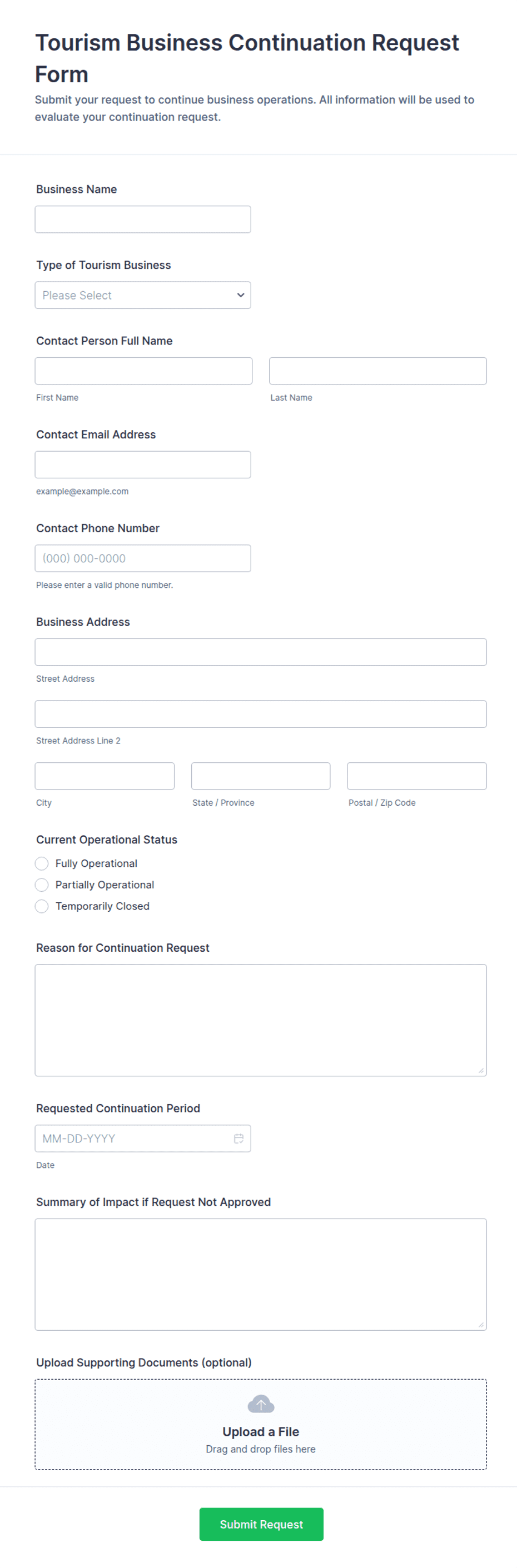 Tourism Business Continuation Request Form Template | Jotform