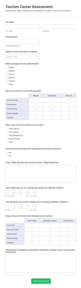 Tourism Career Assessment Form Template
