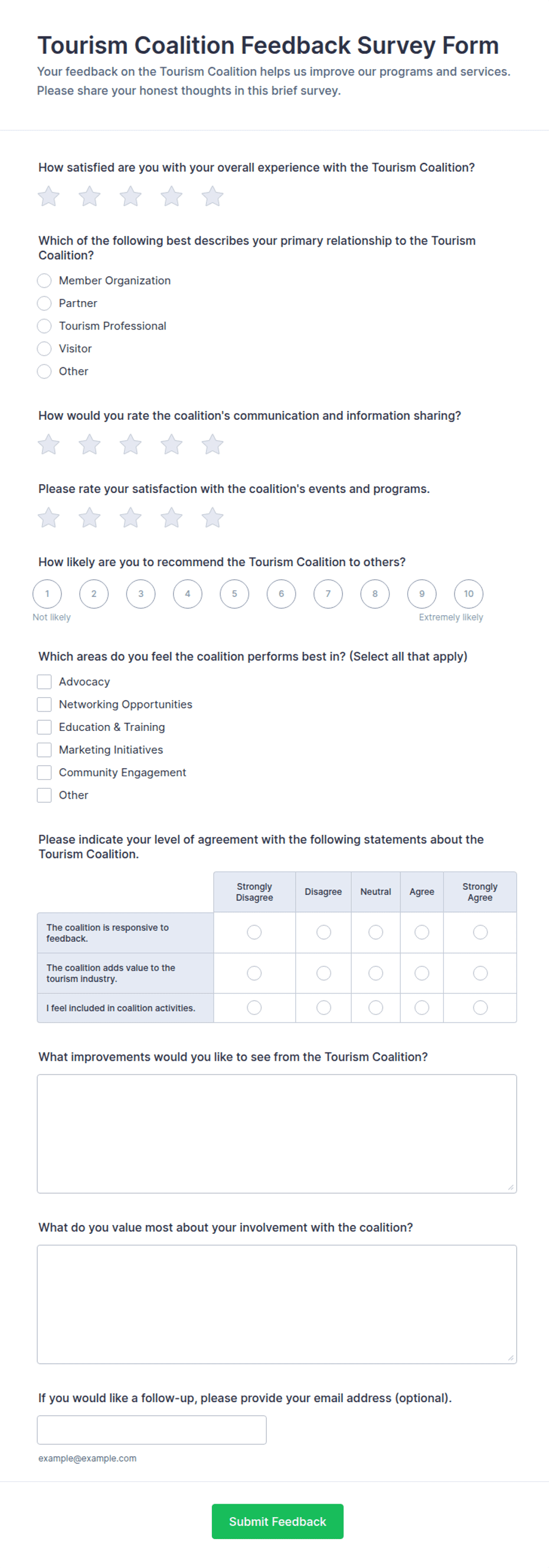 Tourism Coalition Feedback Survey Form Template | Jotform