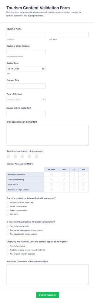 Tourism Content Validation Form Template