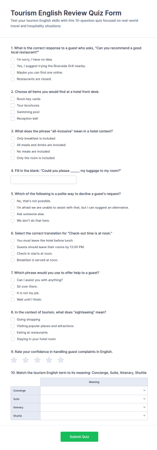 Tourism English Review Quiz Form Template