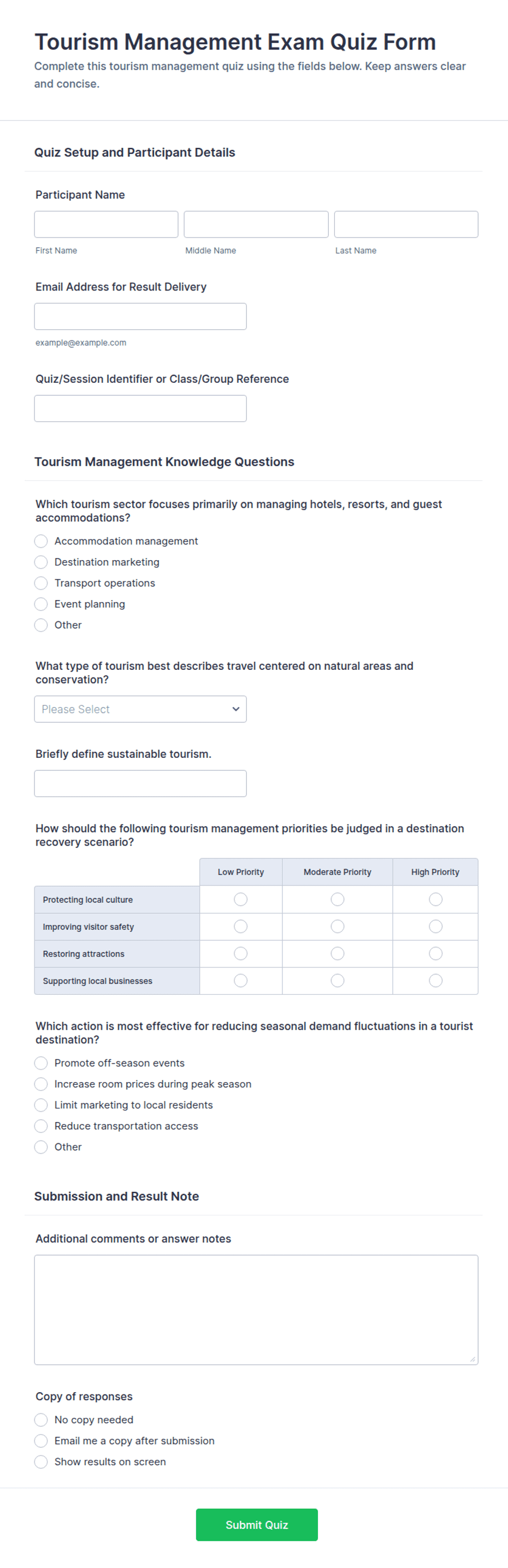 Tourism Management Exam Quiz Form Template | Jotform