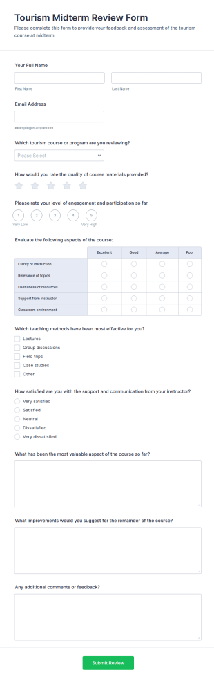 Tourism Midterm Review Form Template
