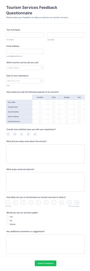Tourism Services Feedback Questionnaire Form Template
