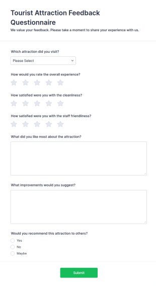Tourist Attraction Feedback Questionnaire Form Template