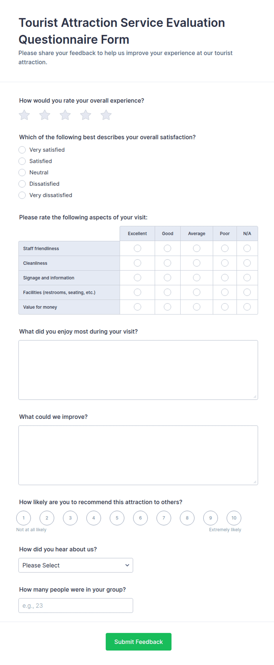 Tourist Attraction Service Evaluation Form Template | Jotform