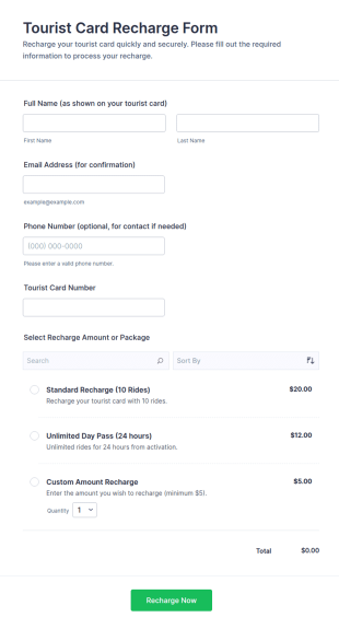 Tourist Card Recharge Form Template