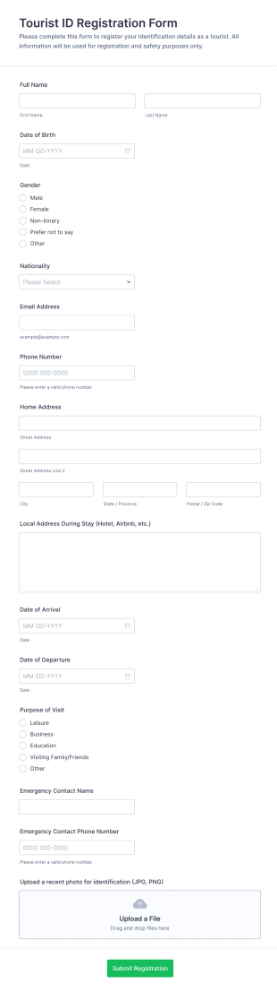 Tourist ID Registration Form Template