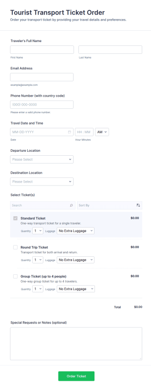 Tourist Transport Ticket Order Form Template