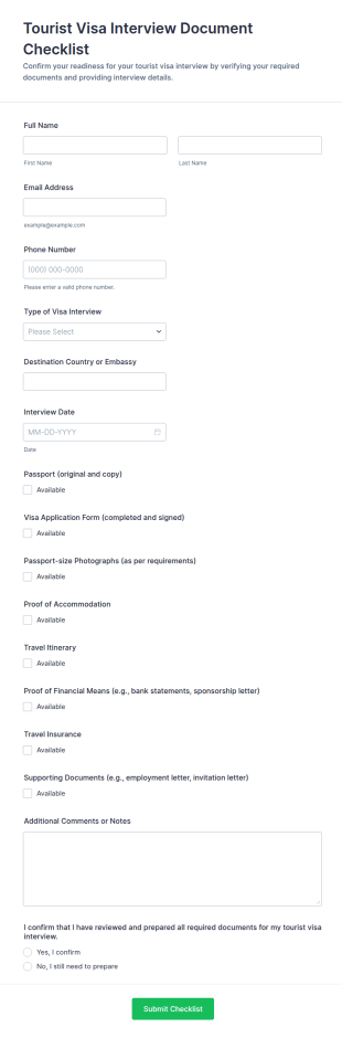 Tourist Visa Interview Document Checklist Form Template