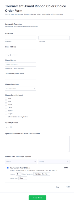 Tournament Award Ribbon Color Choice Order Form Template