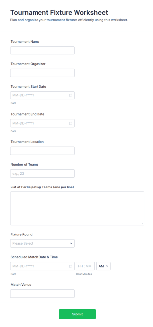 Tournament Fixture Worksheet Form Template