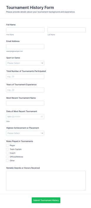 Tournament History Form Template