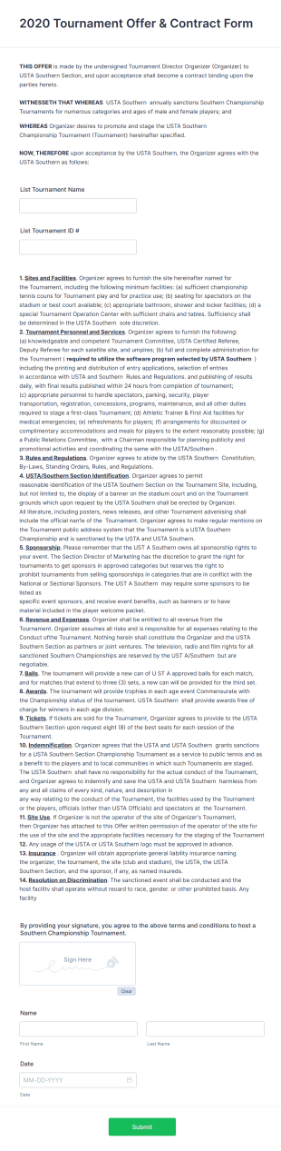 Tournament Offer Form Template