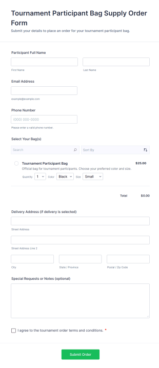 Tournament Participant Bag Supply Order Form Template