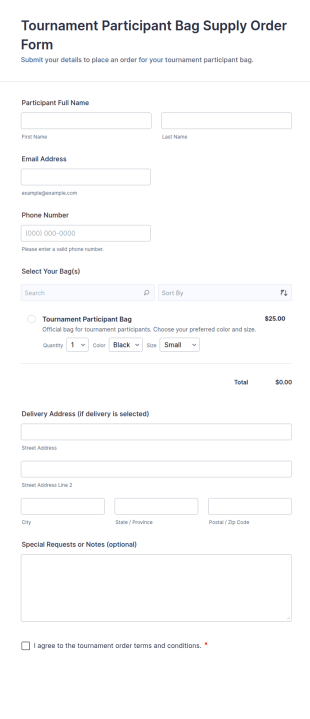 Tournament Participant Bag Supply Order Form Template