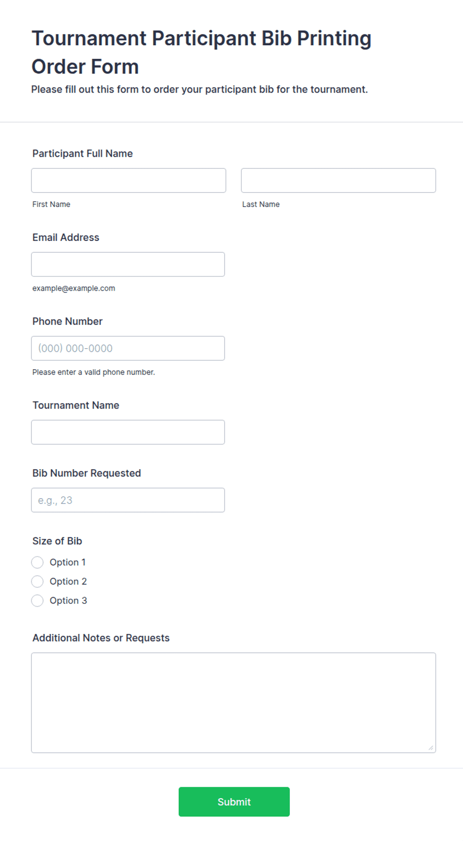 Tournament Participant Bib Printing Order Form Template | Jotform