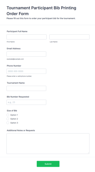 Tournament Participant Bib Printing Order Form Template