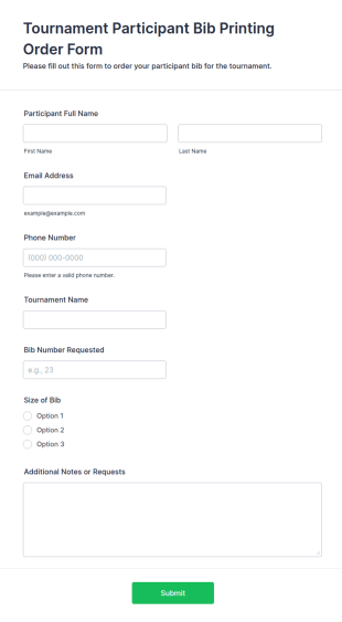 Tournament Participant Bib Printing Order Form Template
