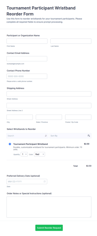 Tournament Participant Wristband Reorder Form Template