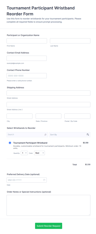 Tournament Participant Wristband Reorder Form Template