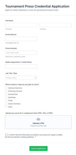 Tournament Press Credential Application Form Template