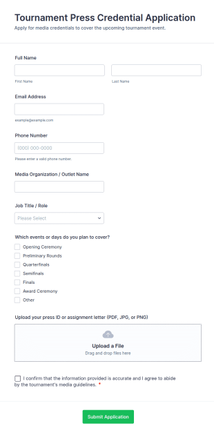 Tournament Press Credential Application Form Template