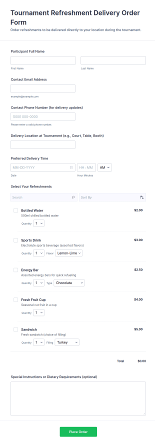 Tournament Refreshment Delivery Order Form Template